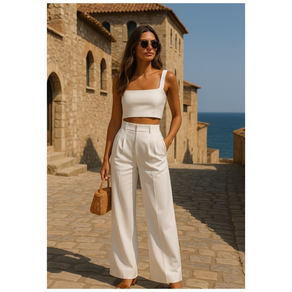 Aya Muse Ivory Linen Blend Wide Leg Tailored Trousers Small Designer Pants